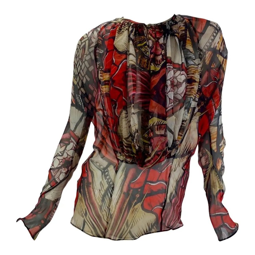 2009 Vintage Alexander McQueen Printed Chiffon Silk Blouse Top